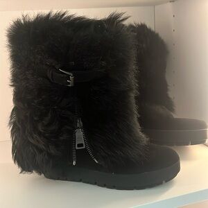 Black Fur Prada Calf Boots with Buckle Size 37